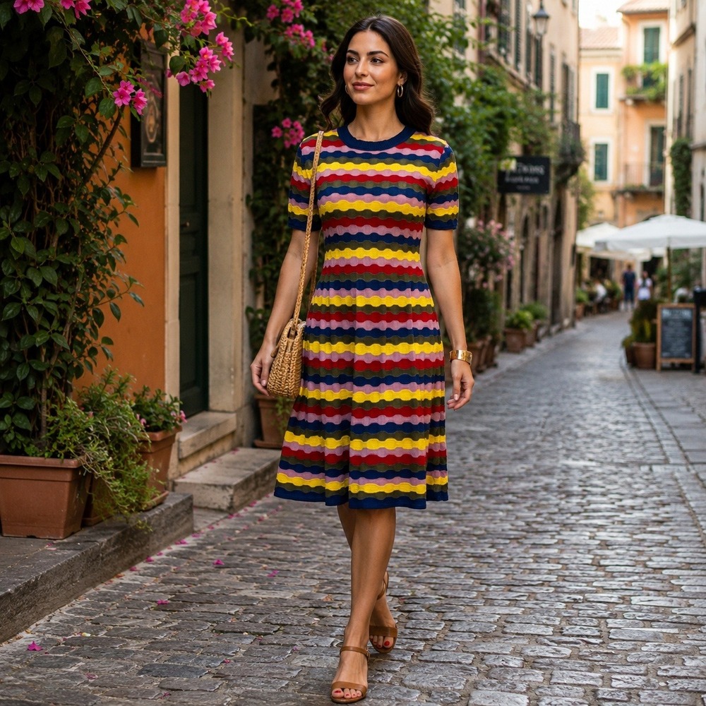 Missoni Luxury Collection Multi Color Wave Stripe Knit Midi‎ Dress Travel 42 M